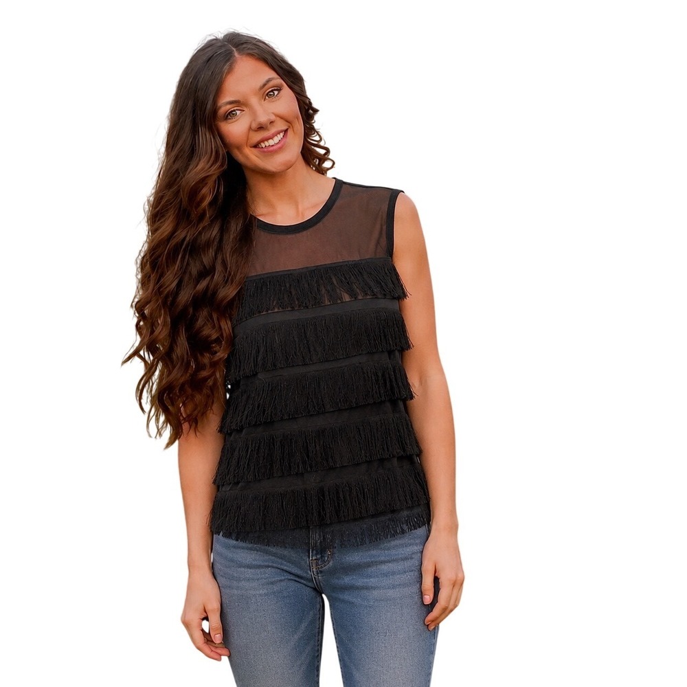 INC International Concepts Tank Top Large Black Fringe Mesh Noir Goth Whimsigoth